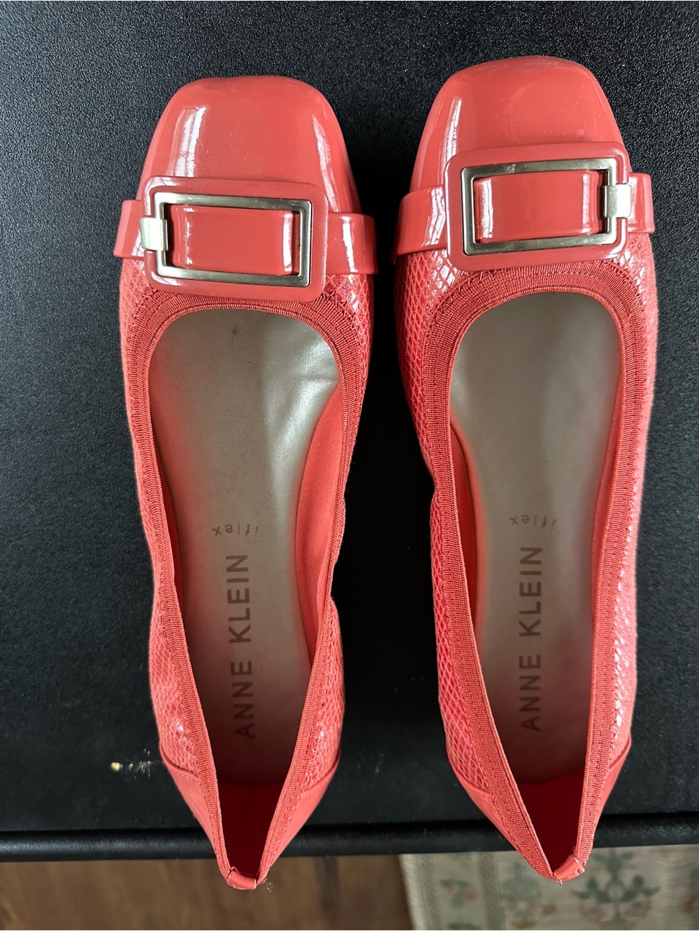 Anne Klein Coral/Melon Patent Buckle Flats with Square Toe